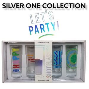 Shot Glasses SilverOne Collection Set of 4 Happy‎ Hour Lets Party Collection NIB